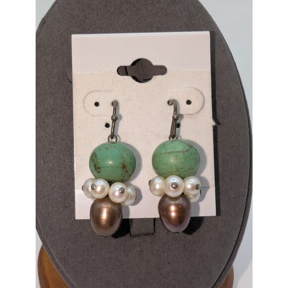 VTG 925 Green Turquoise Freshwater White and Chocolate Pearl Dangle Earrings - Picture 4 of 4
